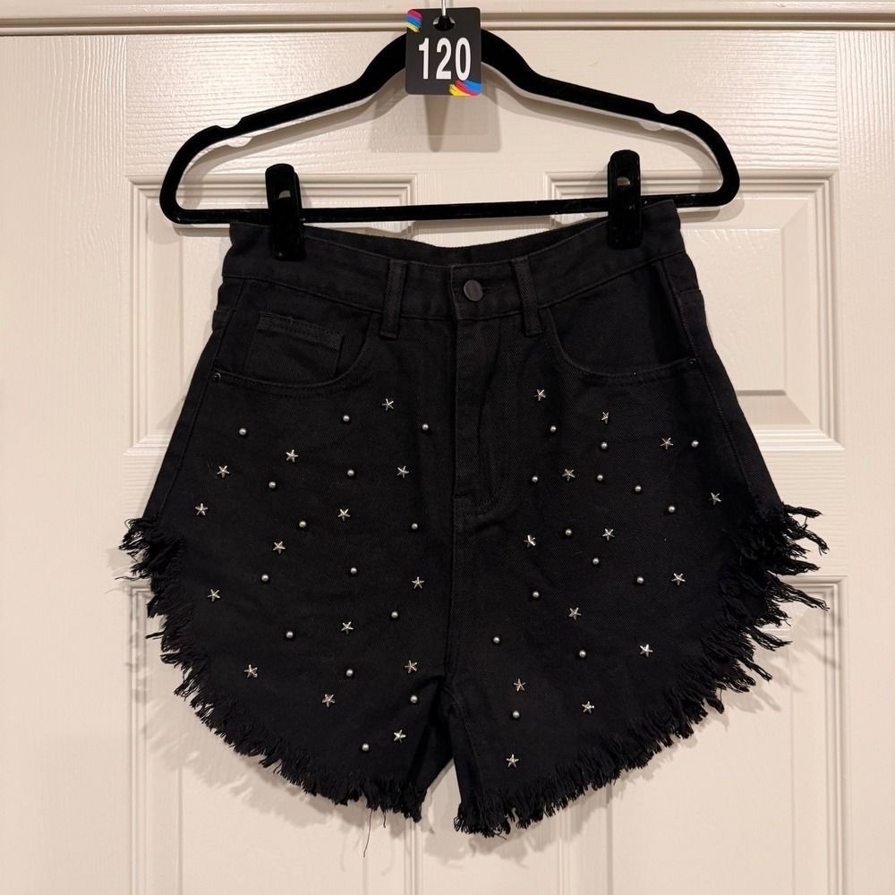 #121 Unbranded‎ Denim Shorts Sz. Small Black Studded Star Frayed Hem